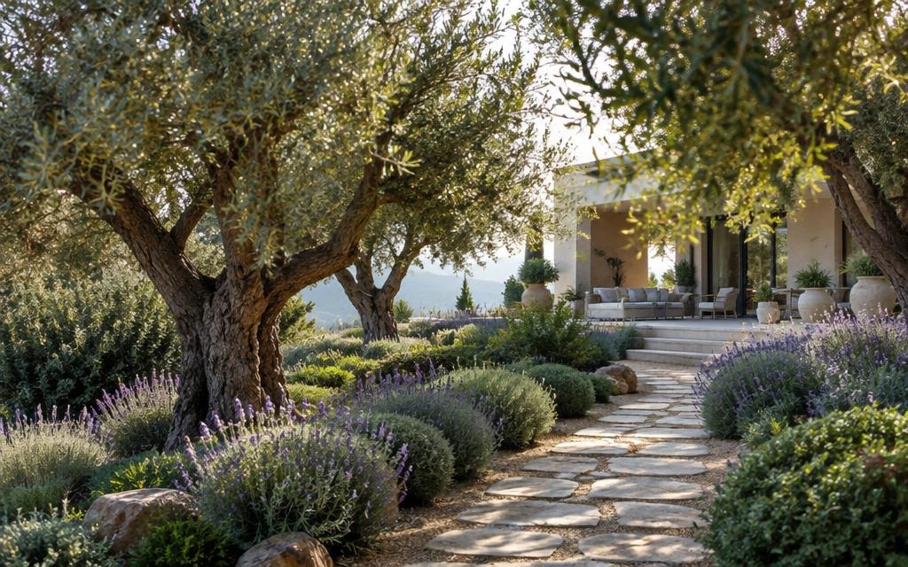 Landscaped Mediterranean garden with olive trees and a stone path