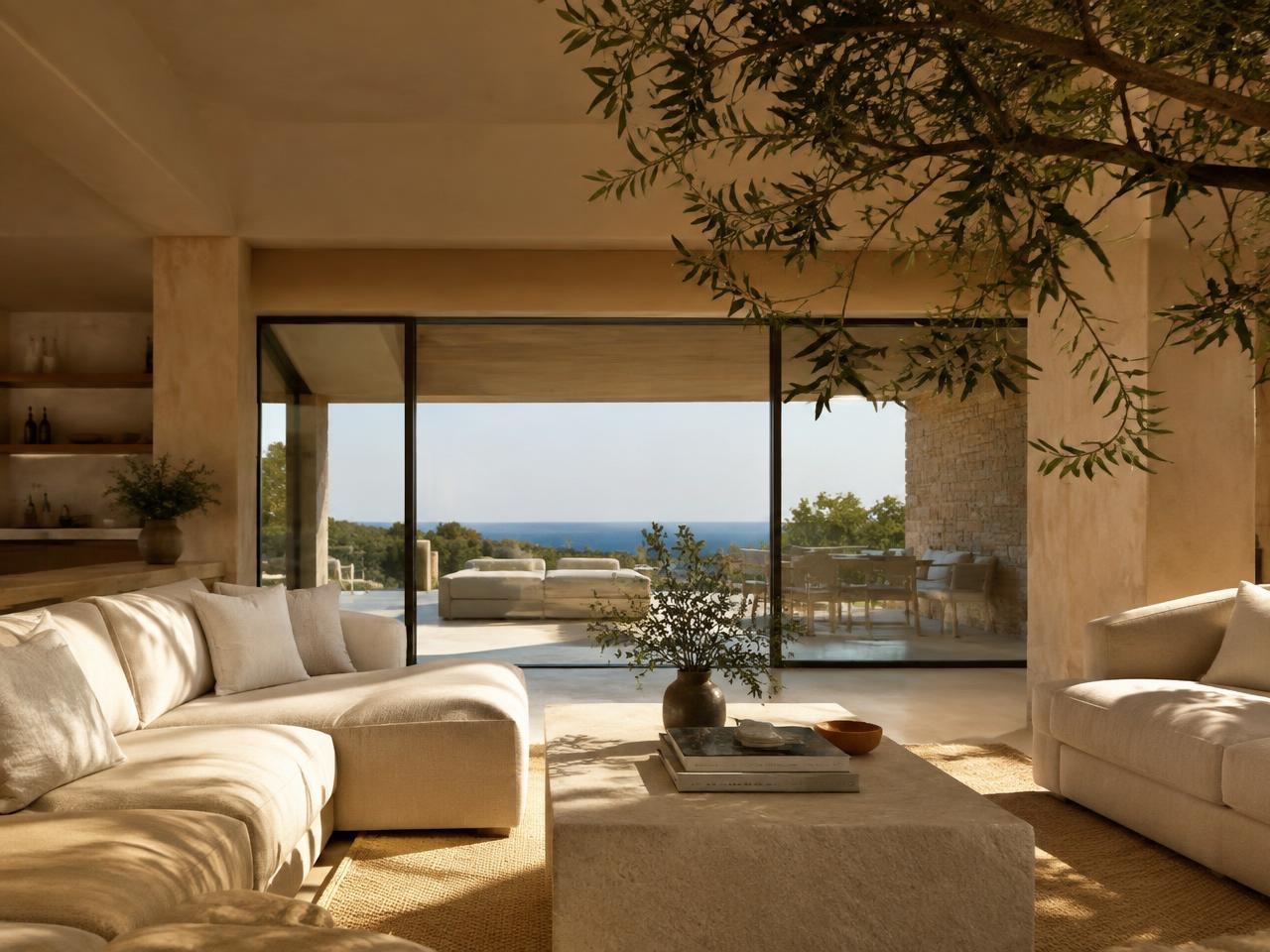 Open-plan living room with floor-to-ceiling glass opening onto a sunlit terrace